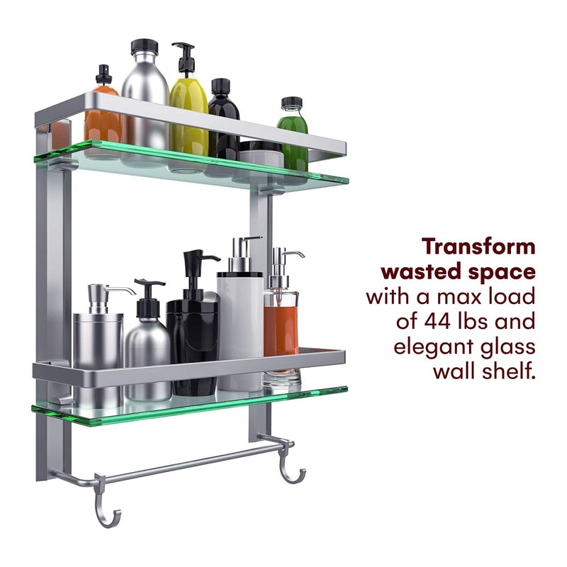 Vdomus Glass Bathroom Wall Organizer - 2-Tier Glass Shelf with Integrated Towel Bar - Wall Mounted Shower Storage - 15.2 by 5 inches - Brushed Silver Finish - Image 2